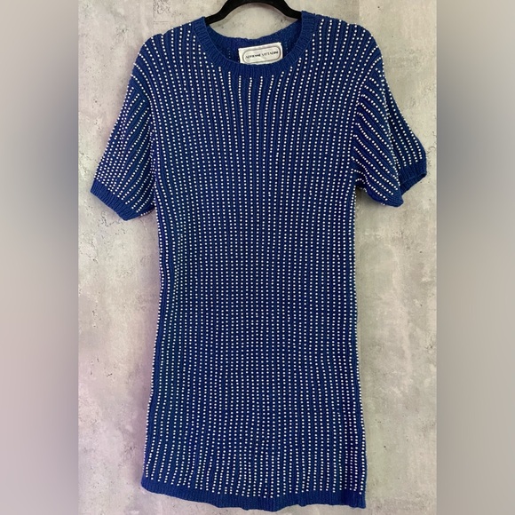 VTG Adrienne Vittadini Mini Sweater Dress Covered Embellished Pearls Sz Med - Picture 5 of 8